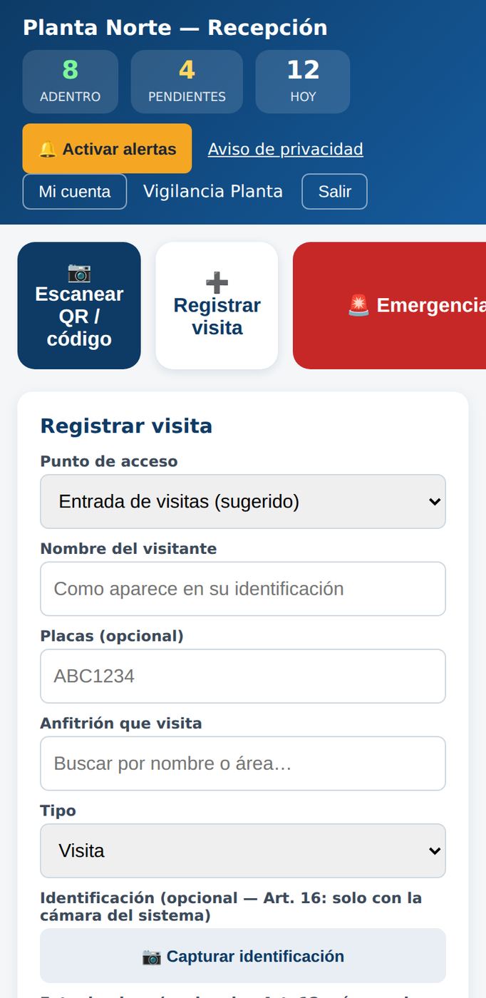 Pantalla de recepción: registrar visita, escanear QR y apertura de emergencia