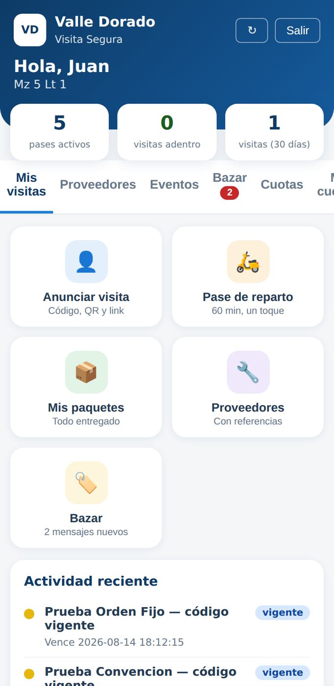Panel del residente: anunciar visita, pase de reparto, paquetes y cuotas